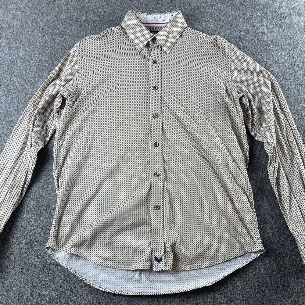 Butter Cloth Shirt Mens Medium Beige Geometric Button Up Stretch Casual